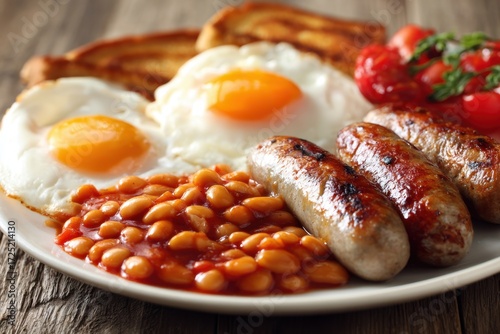 Traditional English breakfast with fried eggs, sausages and baked beans