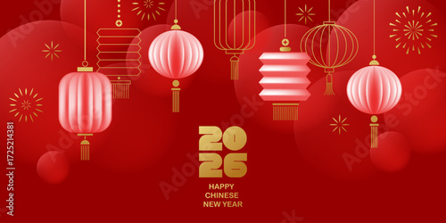 Chinese New Year vector cards. Lunar new year concept. Geometric modern design with abstract forms, gradients, flower, lantrerns. Design for calendar, cover, flyer.