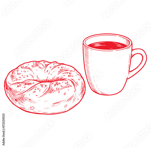 Hand drawn bagel and coffee mug illustration perfect for breakfast or morning themes