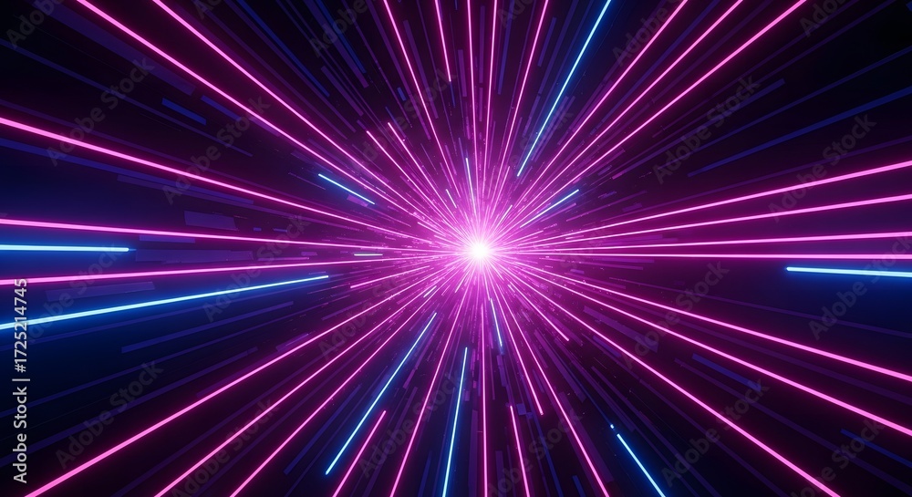 Naklejka premium Abstract digital art of pink and blue neon light beams radiating outward from a bright central point, creating a sense of high-speed travel.