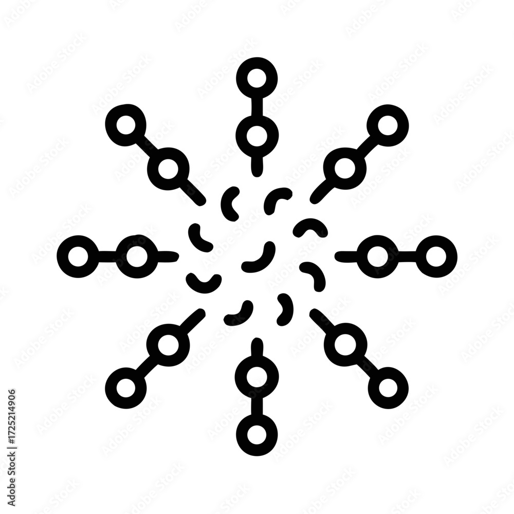 Fototapeta premium Starburst pattern with interconnected circles on black background futuristic silhouette vector icon