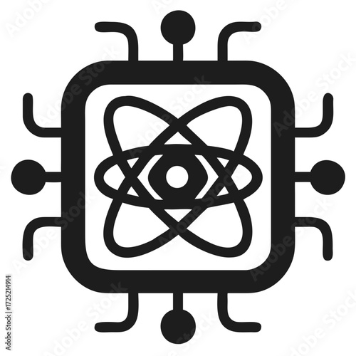 Stylized atom symbol within a circuit board chip on black futuristic silhouette vector icon