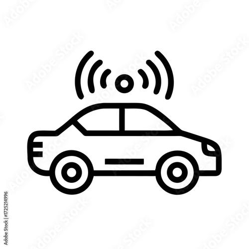 Thin line icon of a car with radiating Wi- Fi signal waves above futuristic silhouette vector icon