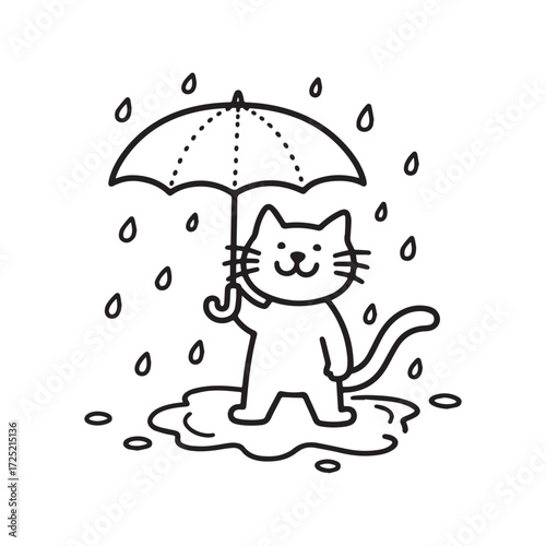 Happy Cat Holding Umbrella In Rain With Puddles Line Art Design. 