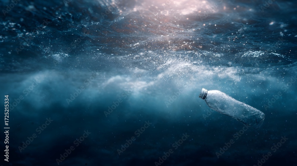 Fototapeta premium A plastic bottle floats submerged in the deep blue ocean a symbol of environmental pollution