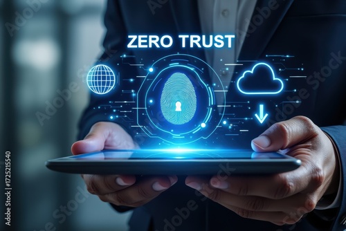 Person holding tablet with zero trust concept hologram on the screen
