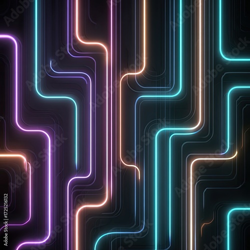 Neonlit maze of winding pipes with purple orange  cyan lines on a dark textured surface