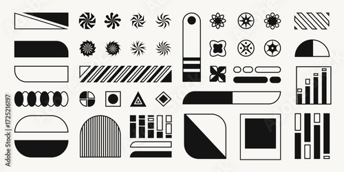 Graphic set of abstract bold shapes and symbols, geometric art, signs and decorative design elements in brutal retro style. Vector vintage stickers.