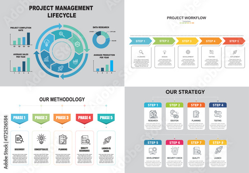 Project management lifecycle, samples, methodology, and strategy infographics with charts and icons