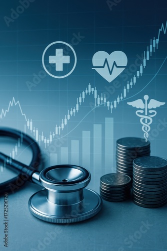 Health and Finance Concept with Stethoscope, Coins, and Medical Symbols Against Digital Background