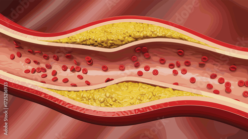 Atherosclerosis artery cross-section with plaque buildup, narrowed blood vessel restricting red cells, cholesterol deposits, cardiovascular disease concept, medical anatomy illustration for health 