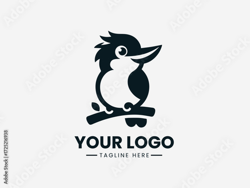 Cute kookaburra bird vector logo with smiling face and gum leaves for Australian wildlife sanctuary