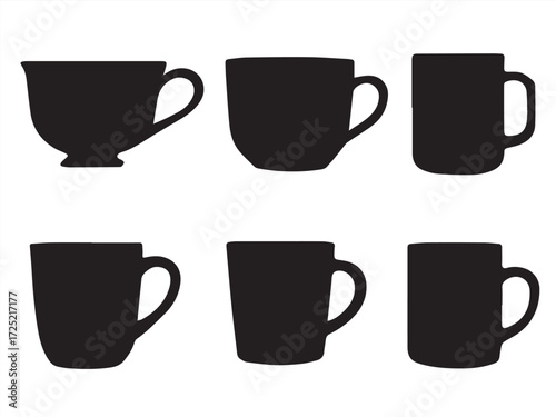 A set of ceramic coffee cups and mugs in various colors, isolated on a white background