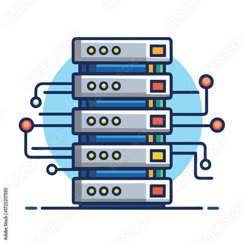 Detailed icon of a server rack with data flowing, representing cloud computing, data center, network, technology, hosting, and information storage easily.