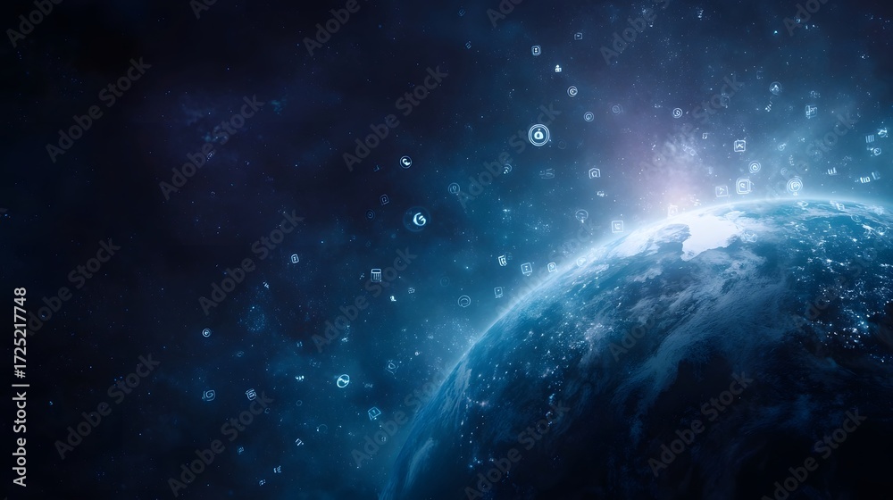 Naklejka premium Futuristic Earth in deep space illuminated by a bright glow and surrounded by digital technology icons