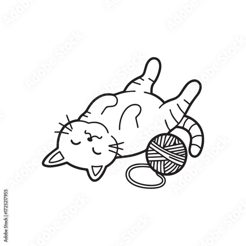 Relaxed happy cat lying on back playing with yarn ball peacefully.