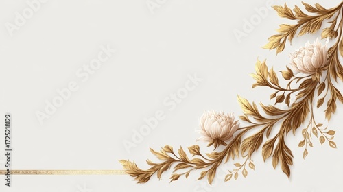 Elegant floral arrangement with gold accents on a soft white background, ideal for invitations