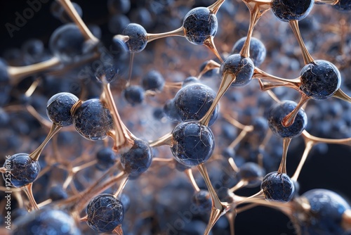 Metal-organic framework shown in 3D lattice, rose gold and cobalt, molecular abstract composition 