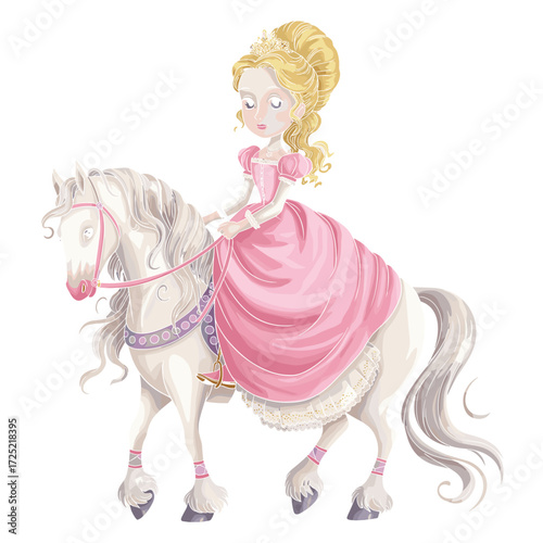 Fantasy princess riding white horse in pink gown, fairy tale woman with elegant hairstyle, magical equestrian scene, whimsical storybook illustration, romantic historical costume art