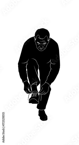 An elderly man ties his shoelaces while leaning forward in a minimalist style.