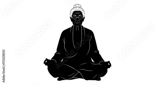 Elderly woman in a meditative pose at a white background