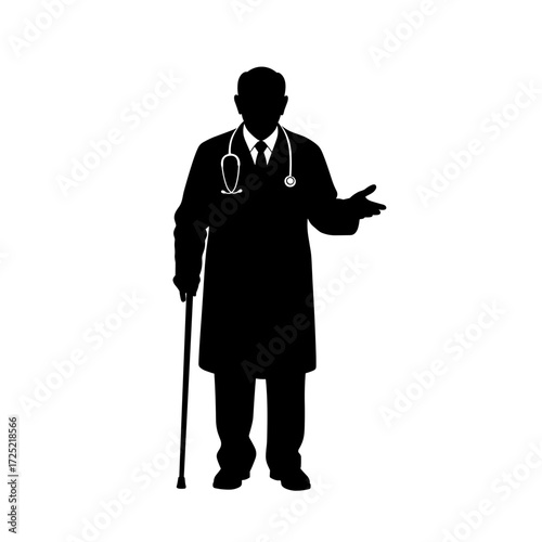 Elderly man doctor holding cane and gesturing in medical attire  