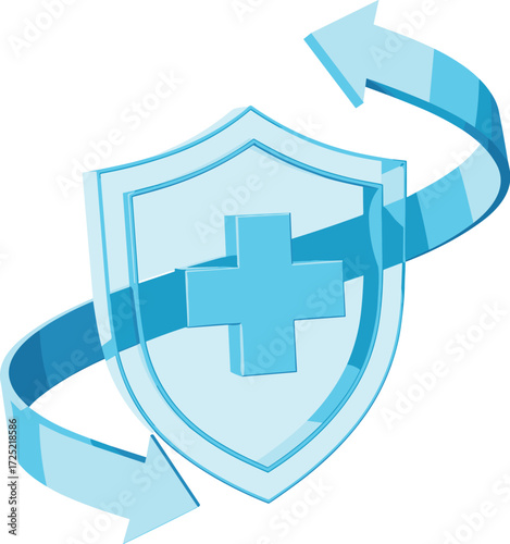 Medical shield icon with white cross and circular arrows, health protection concept illustration for insurance, safety, and healthcare visuals in blue and white design