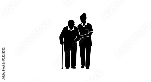 Elderly man walking with caregiver and using cane for support  