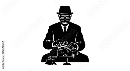 Elderly man polishing shoes in a skilled mood while sitting at a white background