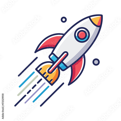 Dynamic icon of a rocket taking off with an upward trend graph trail, representing business growth, startup success, fast progress, and innovation easily.