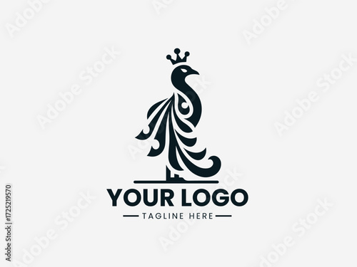 Heraldic medieval bird vector logo with shield and crown for royal family crest or castle branding
