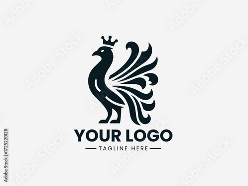 Heraldic medieval bird vector logo with shield and crown for royal family crest or castle branding