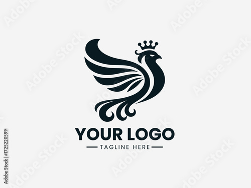 Heraldic medieval bird vector logo with shield and crown for royal family crest or castle branding