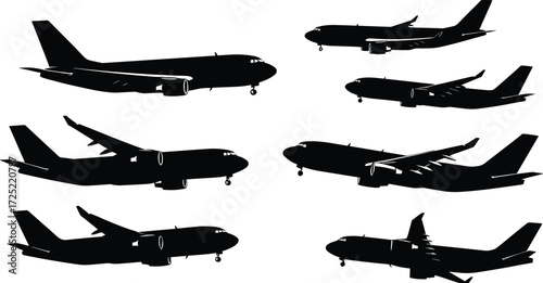 Airplane silhouette vector set, commercial jet clipart, passenger aircraft icons, aviation illustrations, airline design pack for travel and flight