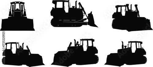 Bulldozer silhouette vector set, construction machinery clipart, heavy equipment icons, earthmoving machine illustrations, industrial bulldozer design pack for builders