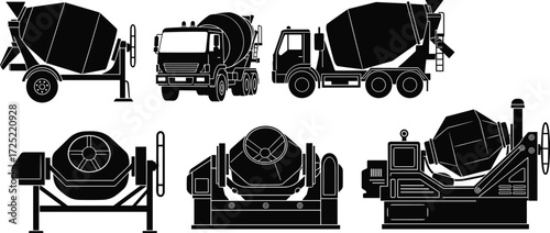 Cement mixer truck vector set, concrete mixing machine silhouettes, construction equipment icons, industrial transport vehicles, heavy machinery design pack
