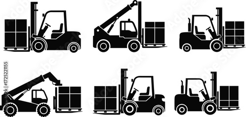 Forklift silhouette set, warehouse loader vector, pallet truck clipart, industrial machine graphics, telehandler illustration, cargo lifting equipment bundle