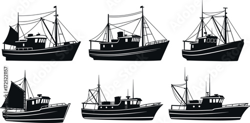 Fishing boat silhouettes set, trawler vector icons, commercial ship collection, seafood industry vessels, marine transport illustration, nautical design elements