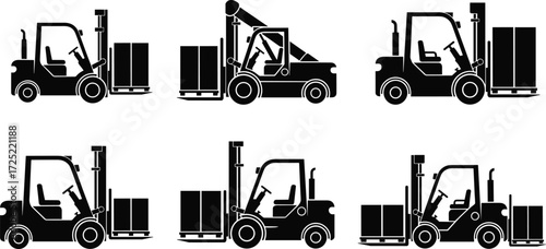 Forklift silhouette set, warehouse vehicle icons, pallet loader clipart, industrial machine vector pack, logistics transport graphics, cargo lifting illustration