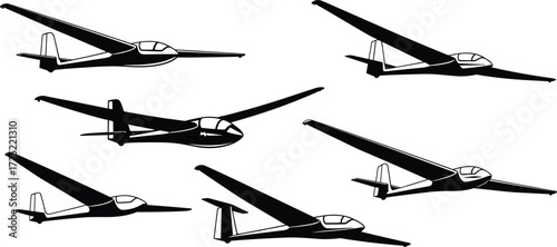 Glider airplane silhouette vector set, sailplane clipart, non-motorized aircraft icons, aviation illustrations for sport flying, soaring, and aerodynamics design