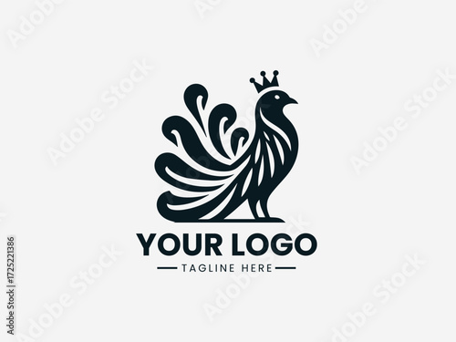 Heraldic medieval bird vector logo with shield and crown for royal family crest or castle branding