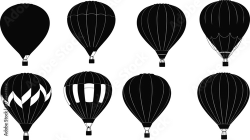 Hot air balloon silhouettes, aerostat vector icons, balloon flight illustrations, sky adventure graphics, airship artwork, travel balloon designs, aviation clipart set