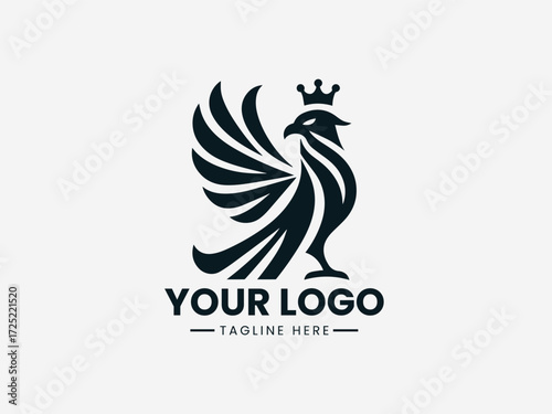 Heraldic medieval bird vector logo with shield and crown for royal family crest or castle branding
