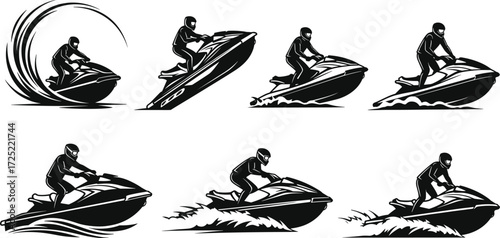 Jet ski silhouettes set, water scooter riders, extreme water sport icons, personal watercraft vector, aquatic adventure design, sea racing illustration