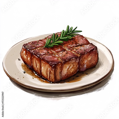 Pixel art cooked meat on plate icon on white background