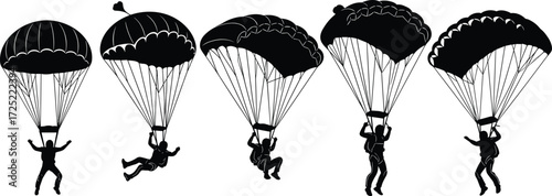 Parachute silhouettes with skydivers, extreme sport icons, free fall jumping, parachuting vector set, adventure flight illustrations, air descent sport design