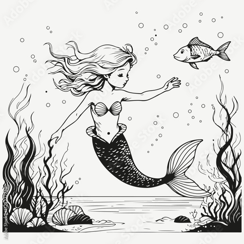 merchild girl swims in the sea sketch illustration vector