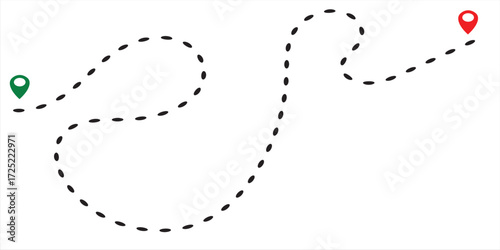 Dot line path route travel banner illustration with location map pin icon. Route location icon two pin sign and dotted. vector