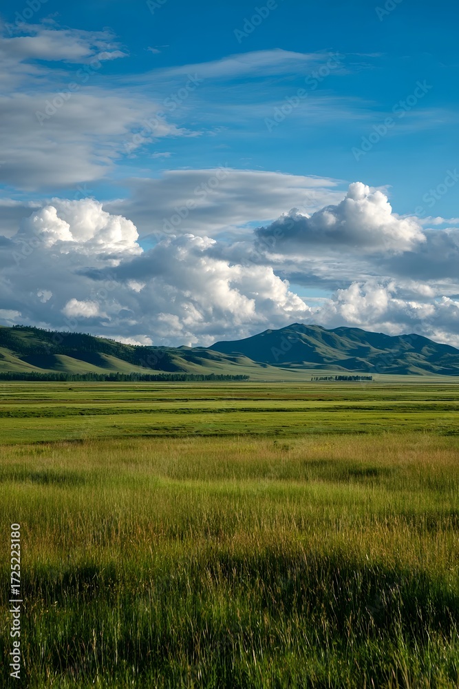 Fototapeta premium Lush green grass, rolling hills, blue sky, white clouds, sunlight.