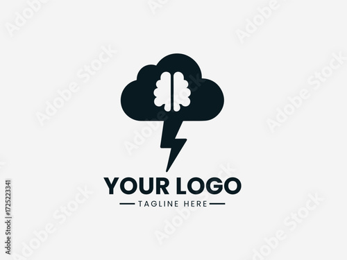 Dynamic brain storm vector logo with lightning bolts and cloud for creative agency branding